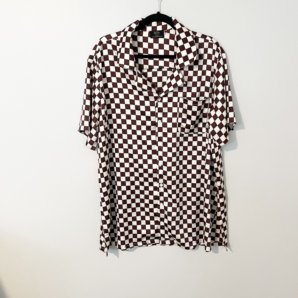 Dressed in lala satin brown cream checked shirt size large
